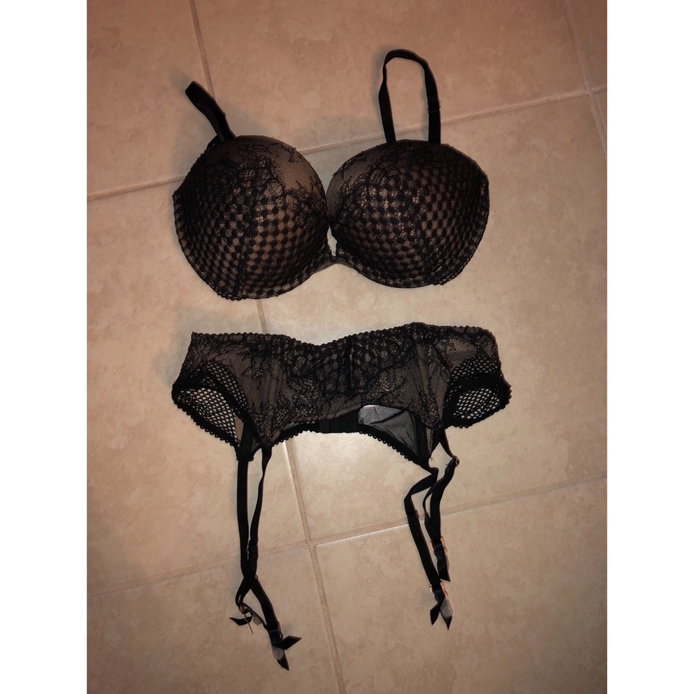 black & nude bra and garter belt from VS